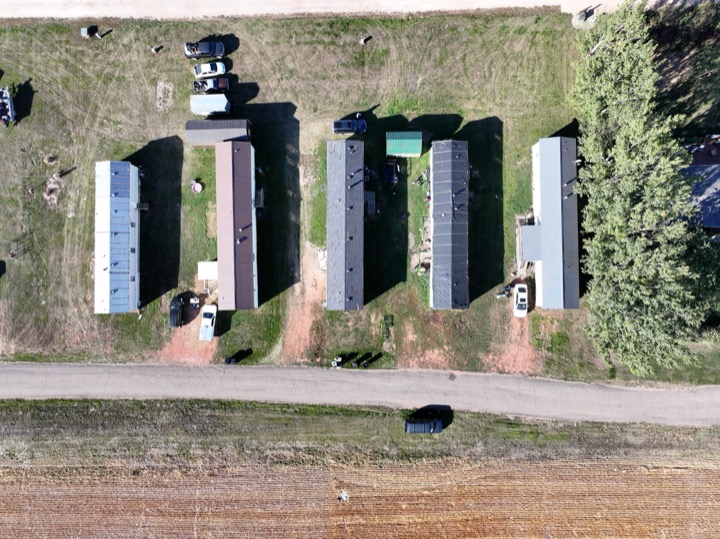 Overhead view of a row of park homes